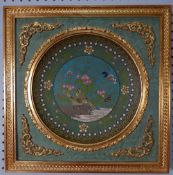 LATE 19th CENTURY CHINESE GOLD WIRED CLOISONNE ENAMELLED CIRCULAR PICTORIAL PLAQUE, the centre
