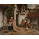 LODWIJK JAN PETRUS TOUTENEL (1819-1883)OIL PAINTING ON MAHOGANY PANEL A townhouse rear flagstone