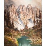 UNATTRIBUTED OIL PAINTING ON CANVAS Winter landscape with high mountains, fir trees and river in