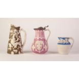 THREE RELIEF MOULDED WHITE STONEWARE JUGS WITH ENAMELLED BACKGROUNDS, comprising: T.J.& J. MAYER?