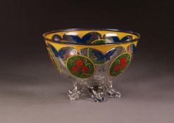 SEVRES ENAMELLED GLASS BOWL, of steep sided form with lipped rim and base with six moulded feet,