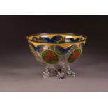 SEVRES ENAMELLED GLASS BOWL, of steep sided form with lipped rim and base with six moulded feet,