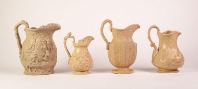 FOUR BUFF GLAZED RELIEF MOULDED POTTERY JUGS, including: JONES & WALLEY ?GIPSEY? jug, 8 ½? (21.