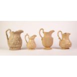 FOUR BUFF GLAZED RELIEF MOULDED POTTERY JUGS, including: JONES & WALLEY ?GIPSEY? jug, 8 ½? (21.