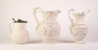 THREE WHITE GLAZED MOULDED POTTERY JUGS, comprising: CHARLES MEIGH ?FOUR SEASONS? JUG, 11? (28cm)