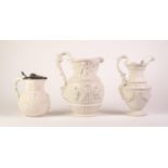 THREE WHITE GLAZED MOULDED POTTERY JUGS, comprising: CHARLES MEIGH ?FOUR SEASONS? JUG, 11? (28cm)