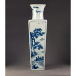 RARE CHINESE, QING DYNASTY KANGXI (1662 - 1722) MARK AND PERIOD, PORCELAIN TALL, SQUARE TAPERED BLUE