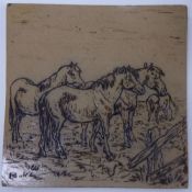 HANNAH BARLOW FOR DOULTON LAMBETH, SALT GLAZED POTTERY TILE, incised with four horses in a field, 8?