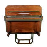 B. SQUIRES ART DECO FIGURED WALNUT UPRIGHT PIANO AND STOOL, the angles heightened in green paint and