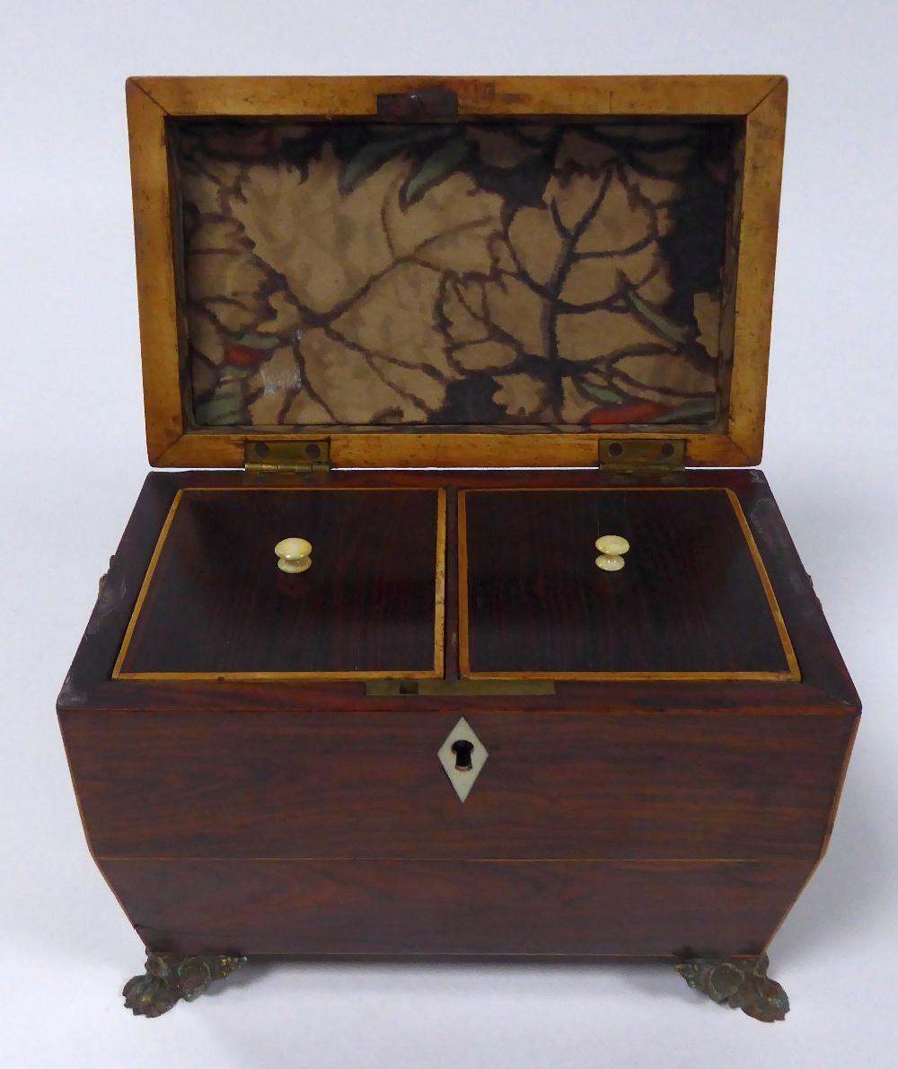 EARLY NINETEENTH CENTURY LINE INLAID ROSEWOOD TEA CADDY, of sarcophagus form with twin lidded - Image 2 of 2