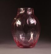 1930?s WHITEFRIARS RUBY THREADED GLASS VASE, of ovoid form, 8 ½? (21.6cm) high