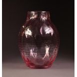 1930?s WHITEFRIARS RUBY THREADED GLASS VASE, of ovoid form, 8 ½? (21.6cm) high