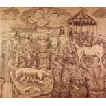 GT OR GJ (MODERN) WOODCUT Village fete with livestock, horse racing and band playing on the