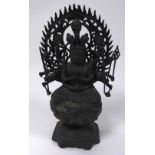 TWENTIETH CENTURY CHINESE BRONZE FIGURE OF KANNON WITH SIXTEEN ARMS, modelled seated on a lotus