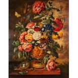 HENRY FARMER 20th CENTURY OIL PAINTING ON CANVAS Still life - urn of summer flowers with butterfly