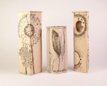 LINZI RAMSDEN, THREE MODERN STUDIO POTTERY TALL VASES, one of shaped oval form, impressed and