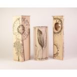 LINZI RAMSDEN, THREE MODERN STUDIO POTTERY TALL VASES, one of shaped oval form, impressed and