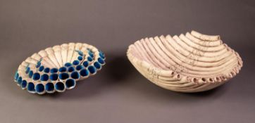 LISA ELLUL, TWO MODERN STUDIO POTTERY BOWLS, constructed of tubes, one with blue painted