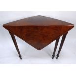 EARLY NINETEENTH CENTURY FLAME CUT MAHOGANY AND EBONY LINE INLAID DROP LEAF CORNER OCCASIONAL TABLE,