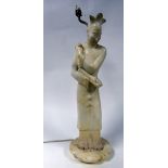 MODERN ORIENTAL CARVED ALABASTER FIGURAL TABLE LAMP, modelled as a female figure holding coins in