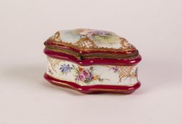 LATE NINETEENTH CENTURY GILT METAL MOUNTED AND HAND PAINTED CONTINENTAL PORCELAIN BOX, SIGNED E.