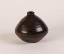 BERNARD LEACH, ST IVES POTTERY BULBOUS BUD VASE with small cylindrical neck and opening, dark