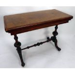 VICTORIAN BURR WALNUT FOLD-OVER CARD TABLE, the rounded oblong swivel top enclosing an oval green