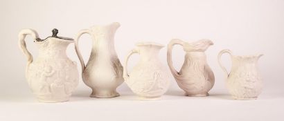 FIVE PARIAN RELIEF MOULDED POTTERY JUGS, including a COPELANDS ?THE VINTAGE? JUG WITH HINGED