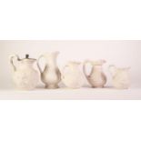 FIVE PARIAN RELIEF MOULDED POTTERY JUGS, including a COPELANDS ?THE VINTAGE? JUG WITH HINGED