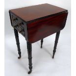 EARLY NINETEENTH CENTURY FIGURED MAHOGANY PEMBROKE WORK TABLE, the rounded oblong drop leaf top