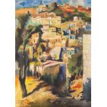 ISRAELI SCHOOL WATERCOLOUR DRAWING View of a hill village with tree and figure in the foreground