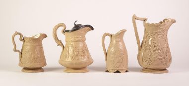 FOUR BUFF GLAZED POTTERY JUGS RELIEF MOULDED WITH FIGURES, comprising: a WOOD AND BROWNFIELD ?