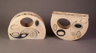 LINZI RAMSDEN, TWO MODERN STUDIO POTTERY SEMI-CIRCULAR RECEIVERS, each pierced with circles and