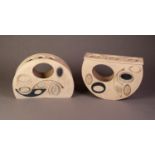 LINZI RAMSDEN, TWO MODERN STUDIO POTTERY SEMI-CIRCULAR RECEIVERS, each pierced with circles and