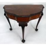 QUEEN ANNE STYLE BURR WALNUT SIDE TABLE, OF SHAPED, of shaped demi-lune form with crossbanded top,