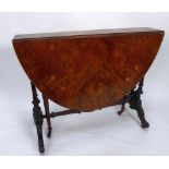 VICTORIAN MARQUETRY INLAID FIGURED WALNUT SUTHERLAND TABLE, the oval top inlaid with stylised