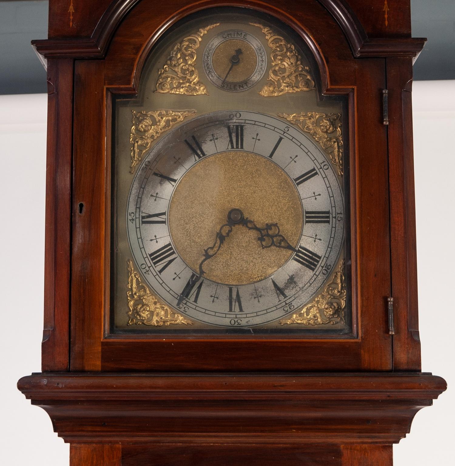 EDWARDIAN INLAID MAHOGANY LONGCASE CLOCK, the 9 ½? brass dial with silvered chapter ring, matted - Image 2 of 2