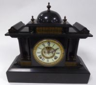 VICTORIAN BLACK SLATE MANTLE CLOCK, the 4 ½? two part Roman dial with visible brocot escapement to