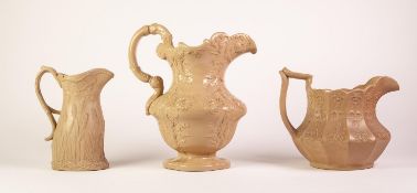 THREE BUFF GLAZED FOLIATE MOULDED POTTERY JUGS, comprising: a CHARLES MEIGH ?ROMAN? jug, 11? (