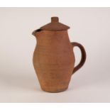 BERNARD LEACH, ST IVES STUDIO BROWN UNGLAZED STONEWARE HOT WATER JUG, ovular with ?C? scroll strap