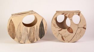 LINZI RAMSDEN, TWO MODERN STUDIO POTTERY SHAPED OVAL ORNAMENTAL VASES, each pierced with circles and