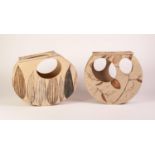 LINZI RAMSDEN, TWO MODERN STUDIO POTTERY SHAPED OVAL ORNAMENTAL VASES, each pierced with circles and