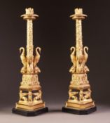 GOOD PAIR OF LATE NINETEENTH/ EARLY TWENTIETH CENTURY FRENCH GILT ORMOLU CANDLESTICKS, each modelled