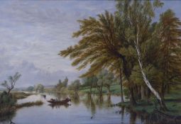 BRITISH SCHOOL (19th CENTURY) OIL PAINTING ON CANVAS LAID DOWN ON BOARD River landscape with figures