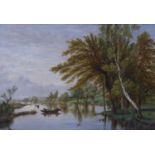 BRITISH SCHOOL (19th CENTURY) OIL PAINTING ON CANVAS LAID DOWN ON BOARD River landscape with figures