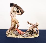 IMPRESSIVE MODERN CAPO DI MONTE CHINA AND SILVERED METAL GROUP OF DAVID AND GOLIATH, SIGNED