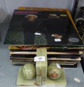 A PAIR OF GREEN ONYX BOOKENDS AND A QUANTITY OF VINYL GRAMOPHONE RECORDS, MAINLY CLASSICAL