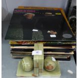A PAIR OF GREEN ONYX BOOKENDS AND A QUANTITY OF VINYL GRAMOPHONE RECORDS, MAINLY CLASSICAL