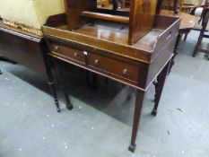 A MAHOGANY DRESSING TABLE WITH LIFT-OFF TRAY TOP, TWO DRAWERS, ON SQUARE TAPERING LEGS, 2?6? WIDE