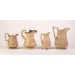 FOUR BUFF GLAZED POTTERY JUGS RELIEF MOULDED WITH FIGURES, comprising: a WOOD AND BROWNFIELD ?